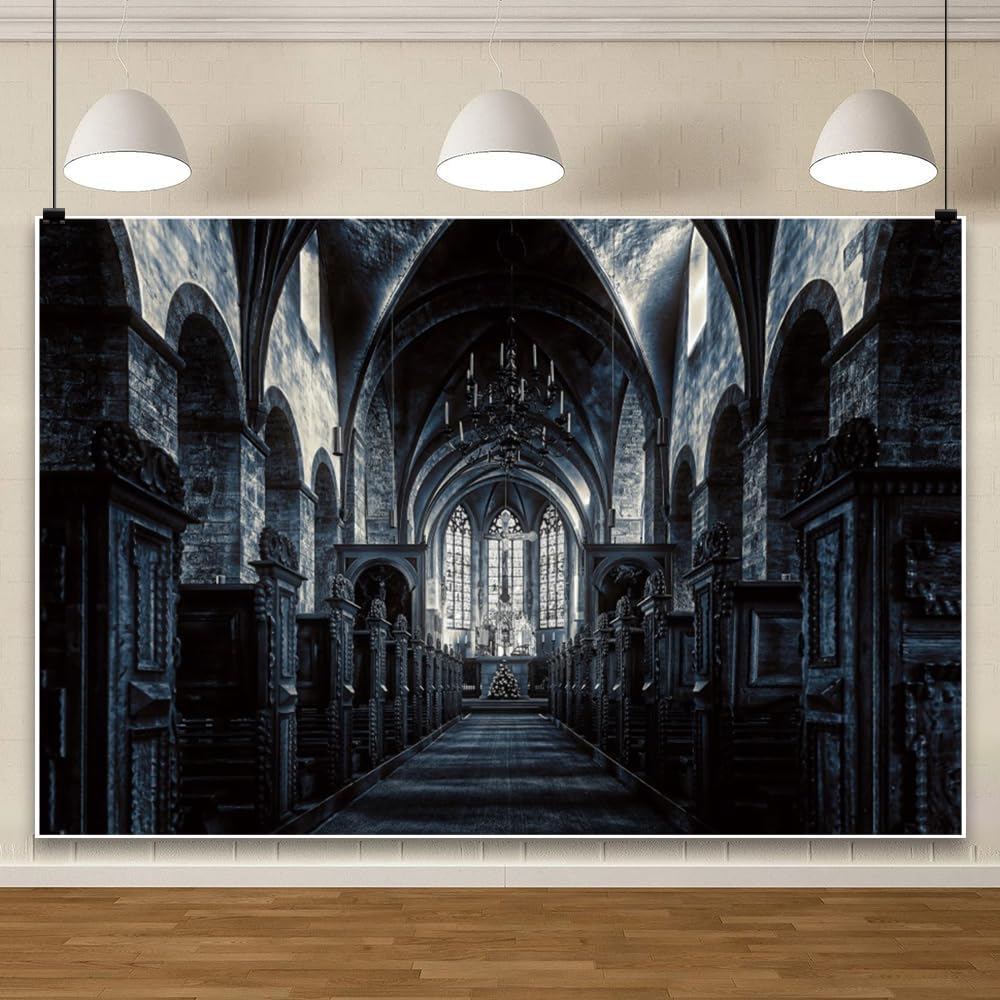 ChloropLastid 12x10ft Scary Church Halloween Backdrop Dark Black Horror Gothic Medieval Castle Interior Photography Background Halloween Night Carnival Theme Party Decor Banner Photo Studio Props