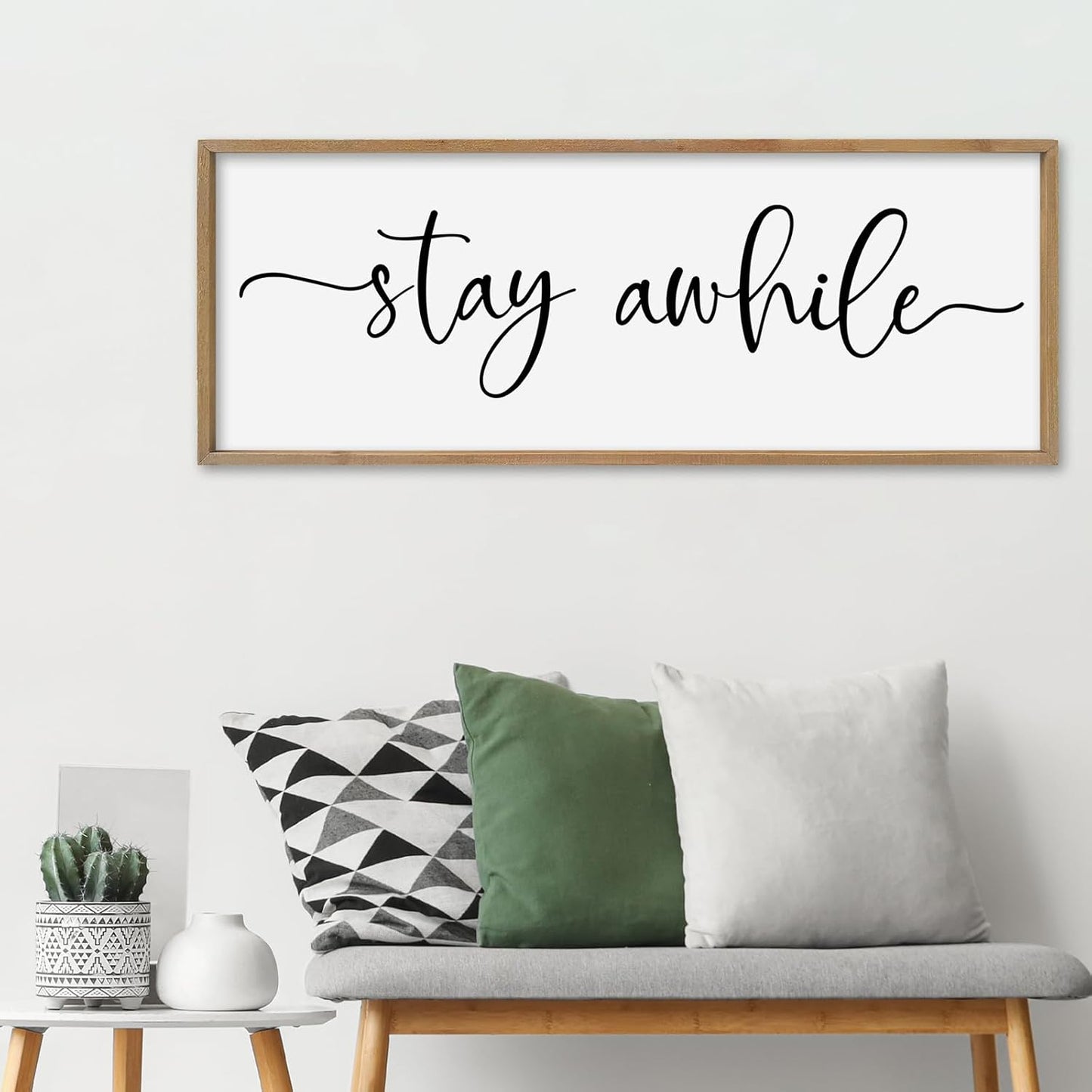 SRSZHIYUE Stay Awhile Sign Wall Decor Art 32"×12" Home Entryway Hallway Signs Large Wood Framed Wall Hanging (Wood)