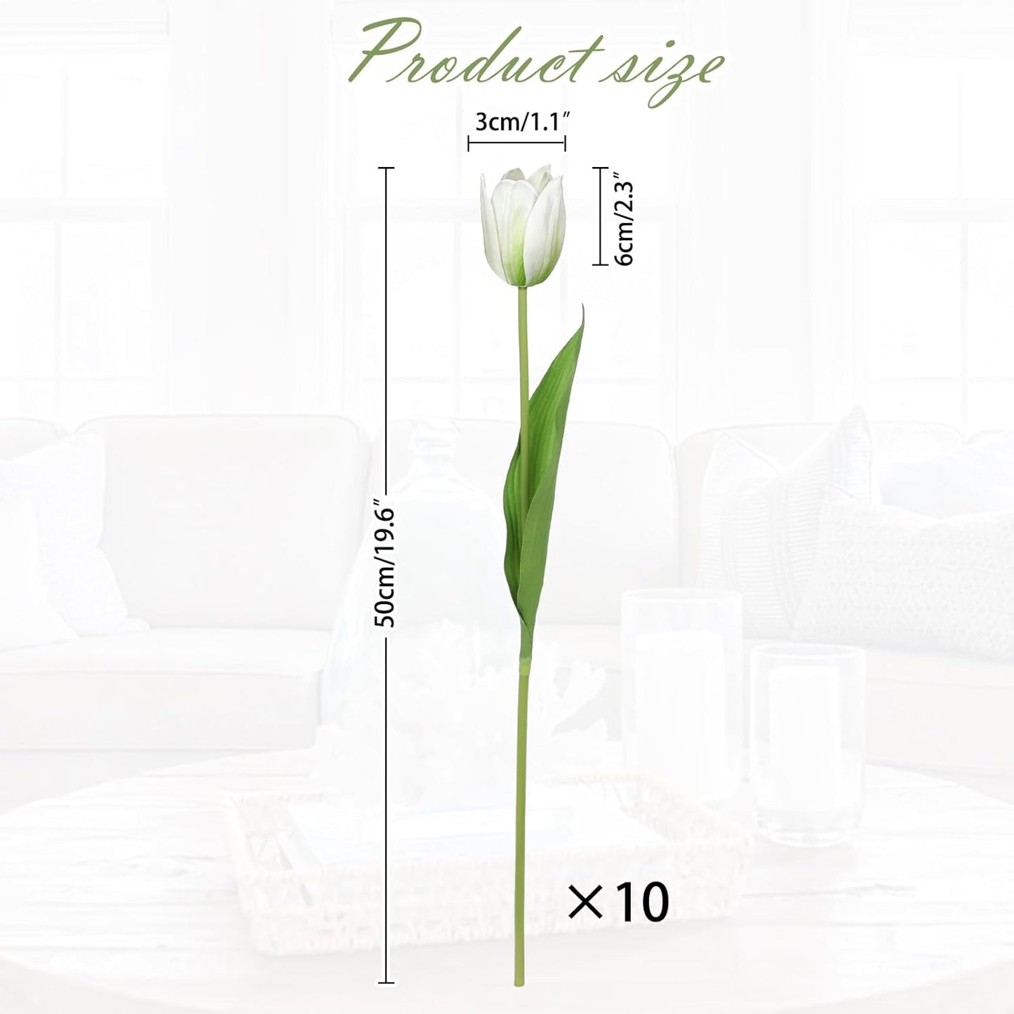 Artificial Tulips Flowers – 20" Long Stem Faux Tulips, 10PCS Real Touch Fake White Tulip for Vase, Farmhouse, Kitchen, Spring & Wedding Home Decor