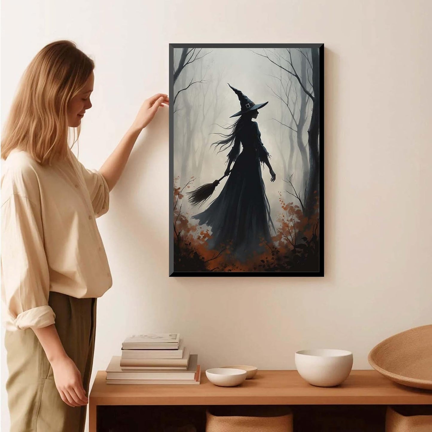 JFHCQJPK Vintage forest witch silhouette poster Halloween mural poster decoration mural art magic suitable for home living room bedroom20x30in Metal blackFramed