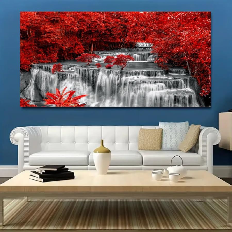 Yxbhhym Black White and Red Waterfall Canvas Wall Art- Red Tree Prints Landscape Posters Framed Picture - Nature Forest Scenery Paintings for Living Room Bedroom Home Office Wall Decor- Large