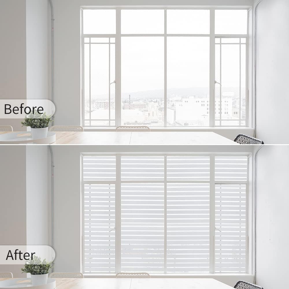 Window Privacy Film with Installation Tools,Stripe Window Film, Static Cling, Anti UV, Heat Control, Ideal for Home Shower Office Glass Door (Stripes Pattern, 45.2X157.4Inch)
