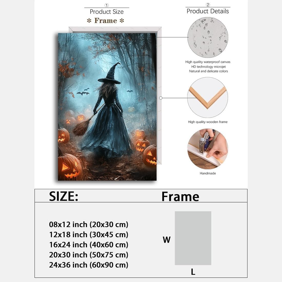 Vintage Moody Halloween Witch Artwork Wall Decor,Spooky Halloween Gothic Canvas Artwork Creepy Horror Witch with A Broom Pumpkin Bats Rustic Forest Picture,Dark Academia Poster,8"x12" Framed