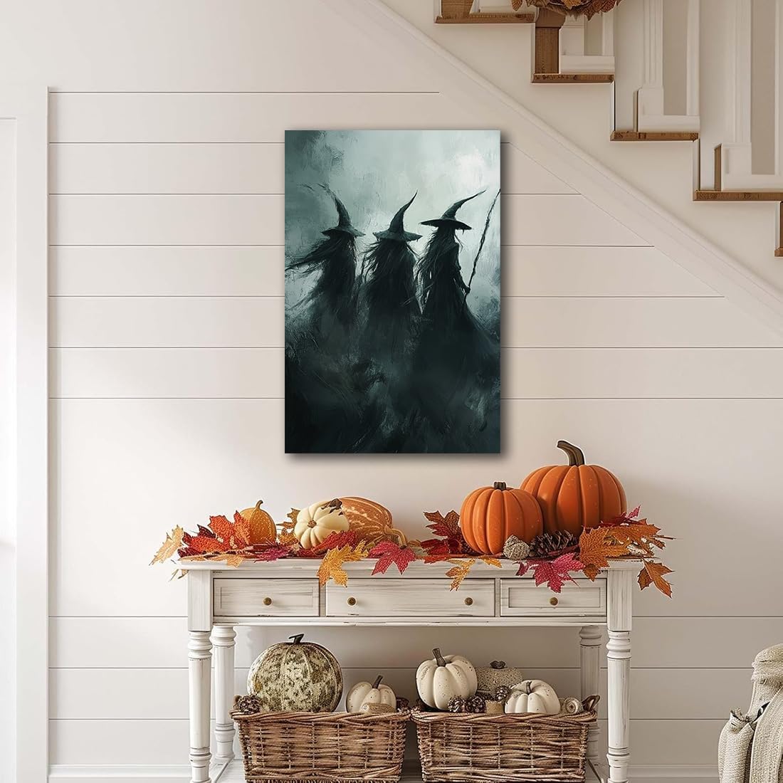Gothic Witchs Horror Halloween Wall Art,Three Witches in Moody Forest Painting Wall Decor,Autumn Spooky Witches Forest Canvas Printing For Gallery Living Room Bedroom,20"x30" Unframed