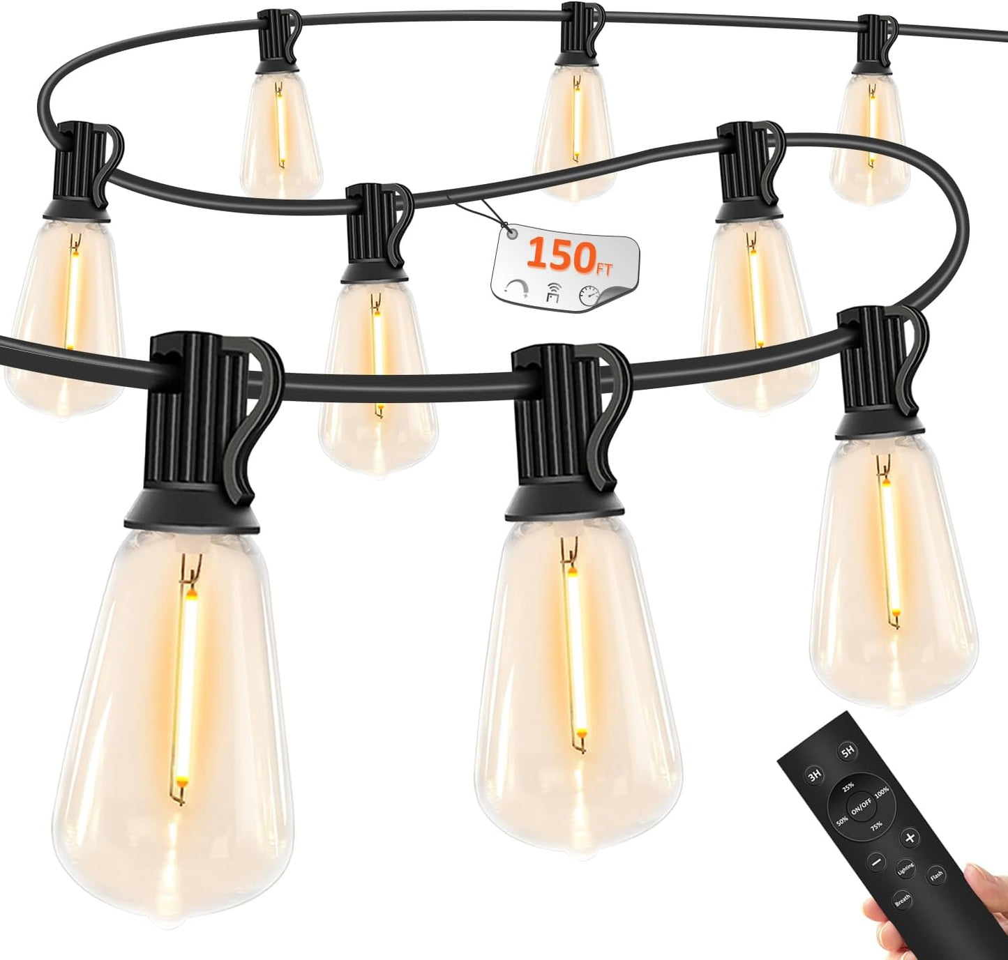 150 FT Outdoor String Lights for Outside – LED Patio Lights Waterproof with Dimmer Remote – Hanging Lights Shatterproof ST38 Vintage Edison Bulbs Porch Backyard Cafe Bistro