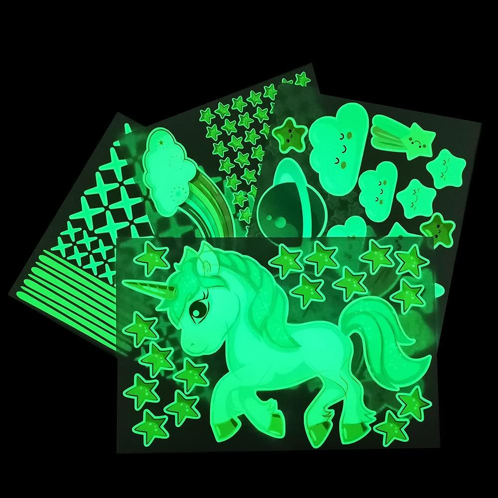 Glow in The Dark Unicorn Stickers, 206 pcs Cats and Moon Wall Decals, Glowing Castle Clouds Ceiling Decor for Kids Bedroom, Stars and Rainbow Wall Decor for Girls and Boys Gift