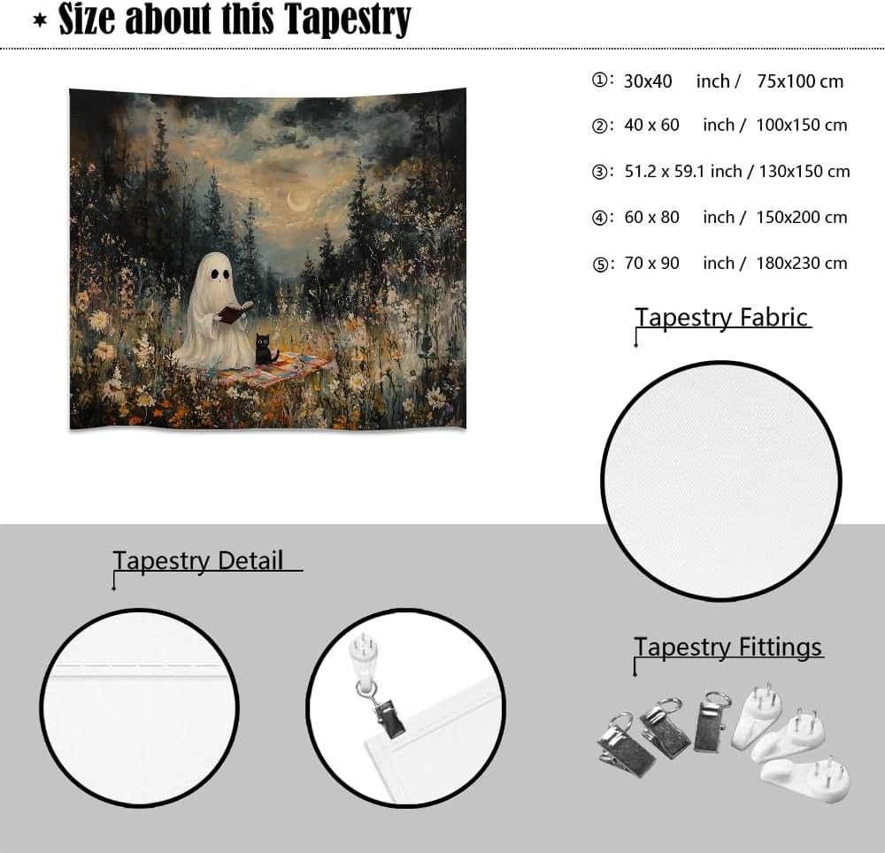 Halloween Ghost and Black Cat Tapestry Wall Hanging Spooky Ghos Reading Book in Wildflowers Wall Decor Halloween Witchy Room Aesthetic Tapestries for Goth Living Room Bedroom Decoration 30x40inch