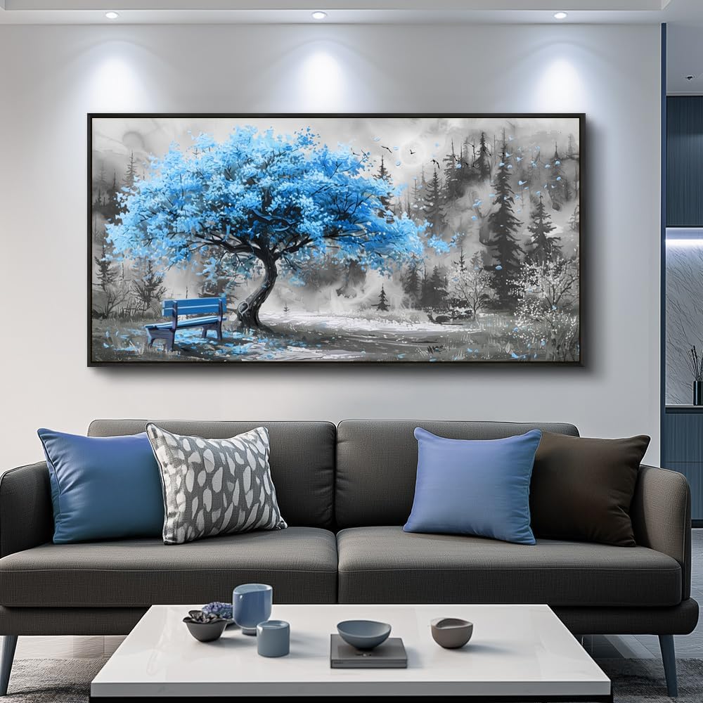 ZUITINGHUA Black Framed Canvas Wall Art For Living Room Large Wall Decor For Office Bedroom Decorations Blue Tree Landscape Pictures Black And White Paintings Artwork Aesthetic Home Decor 30x60 In