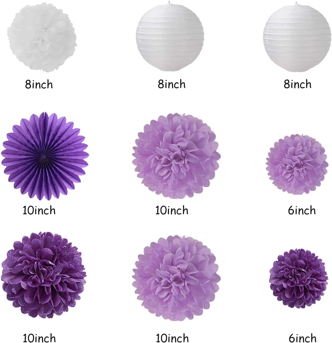 Purple White Birthday Party-Decorations Paper-Flowers - 14pcs Happy Banner Lavender Lanterns Tissue Pom Poms,Lilac Streamers Garland Fans,Women Girls Adult Kids Office Hanging Supplies Decor Hugfond