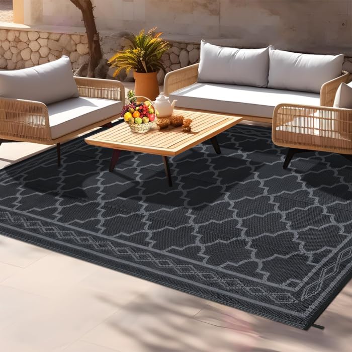GAOMON Outdoor Rug Waterproof 8'x10', Reversible Outdoor Plastic Straw Rug, Boho Patio Rug, Indoor Outdoor Carpet, RV Mat Outside for Patio, Camp, Picnic, Balcony, Deck, Black/Grey(Geometric)