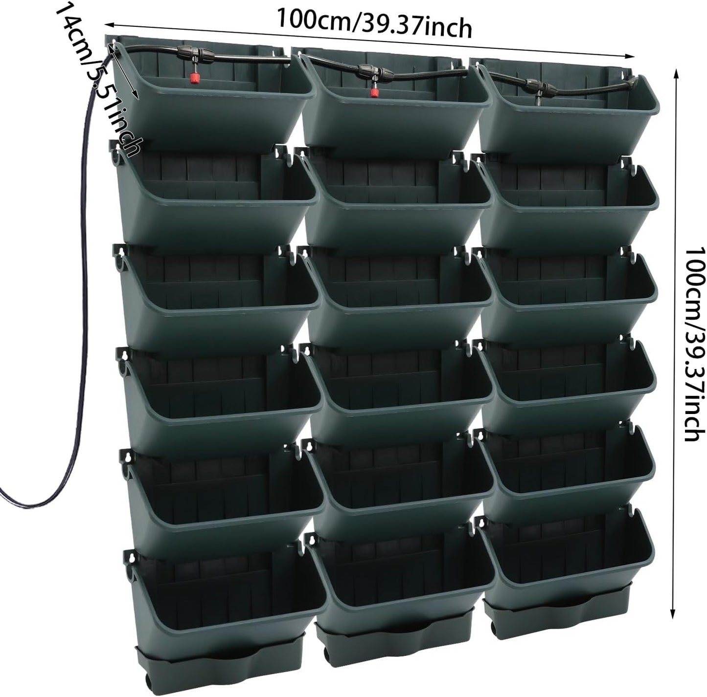 18 Pots Self-Watering Vertical Wall Planter, 39.4”L x 39.4”H Stackable Plastic Wall-Mounted Plant Grow Pots, Wall Hang Garden Planter Outdoor Indoor for Herbs Flowers Strawberries (Green)