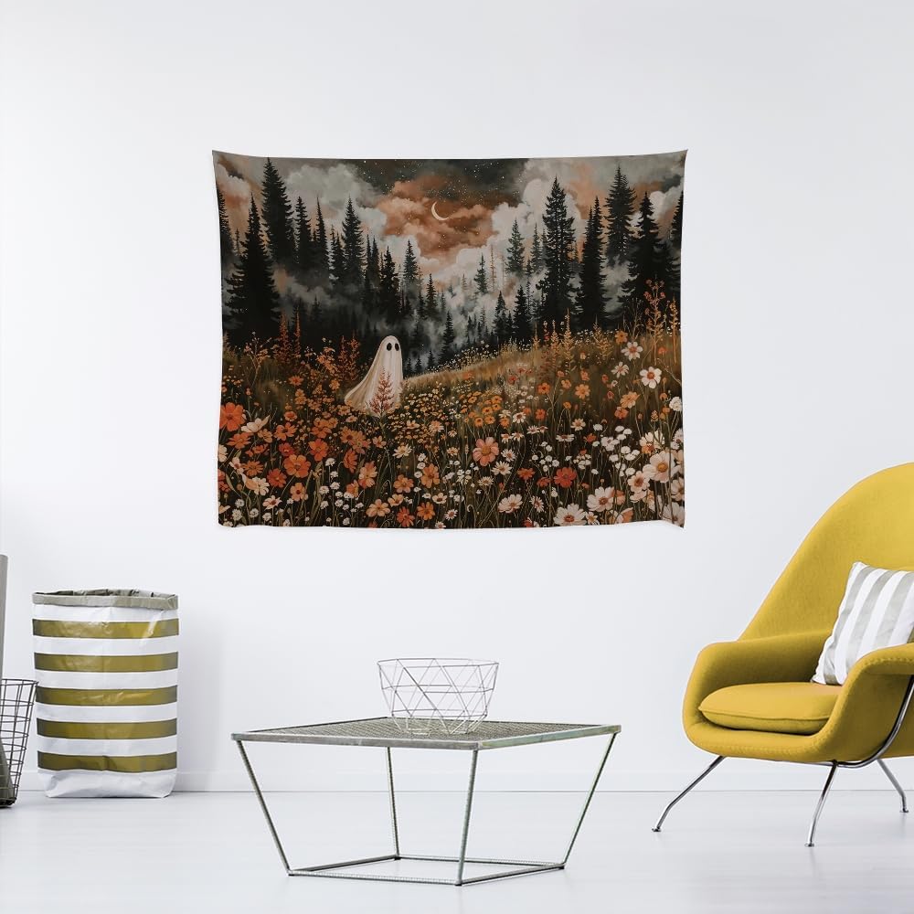 Spooky Fall Forest Art Halloween Tapestry Wall Hanging Cute and Funny Forest Flower Ghost Tapestry for Bedroom Whimsical Dark Academia Aesthetic Tapestries for Home Living Room Decor 40x60inch