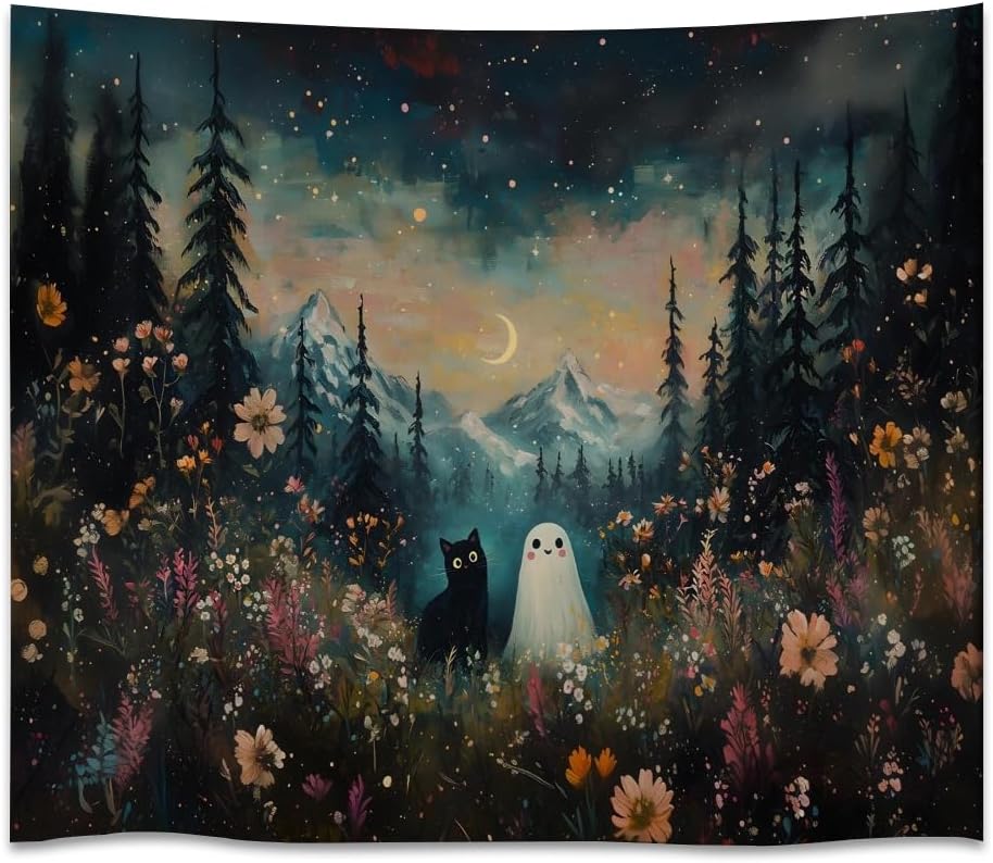 Whimsical Halloween Tapestry Wall Hanging Ghost and Black Cat in Magical Forest Wildflowers Meadow Tapestry Art Print Charming Spooky Fall Season Tapestries for Living Room Bedroom Decor 60x80inch