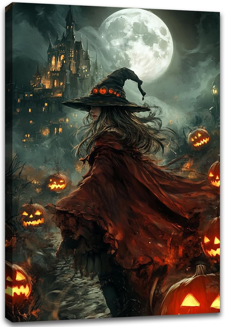 Dark and Moody Gothic Witch Poster Wall Art,Vintage Rustic Witch in Cloak with Castle Pumpkin Road Dark Gothic Poster,Goth Spooky Season Halloween Prints for Fantasy Office,24"x36" Framed