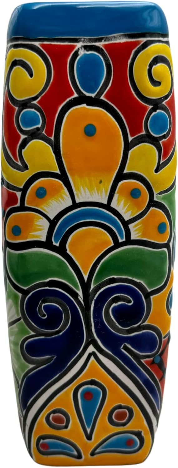Talavera Planter Pot Square Vase Folk Art Mexican Pottery Handmade Hand Painted Home Decor Indoor Multicolor Outdoor 9.25" (Turquoise Multi)