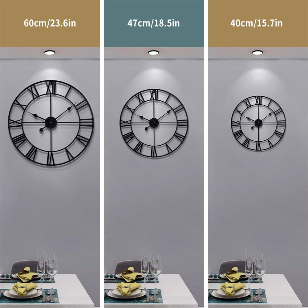 LEIKE Large Wall Clock, 24" Completely Silent, Non Ticking, Battery-Operated,Rustic Round Modern Metal Wall Clock Decor for Living Room, Bedroom and Kitchen, (60cm, Black-Roman Number)
