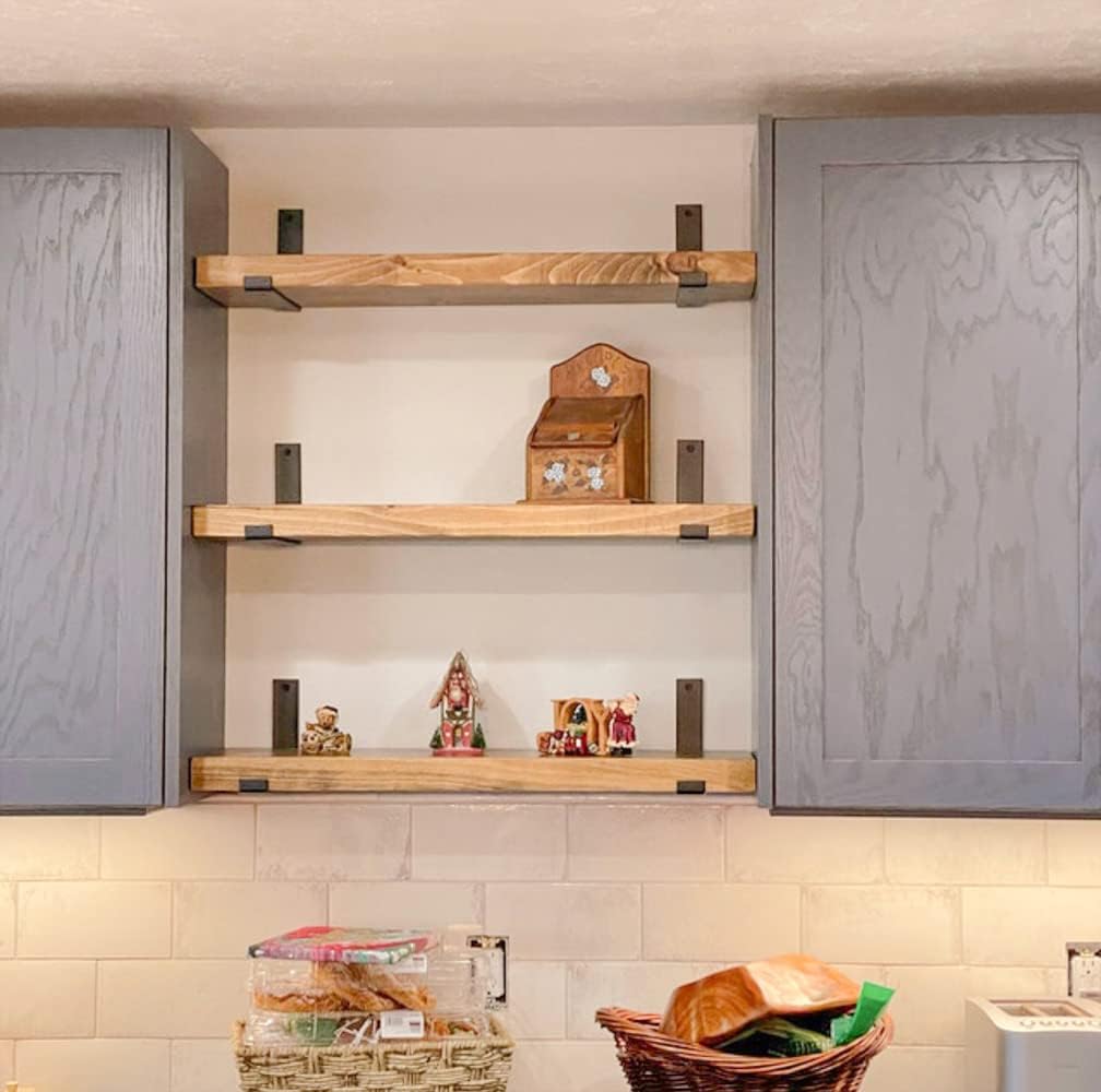 Rustic Shelves with J-Brackets Set of 2, Industrial Shelf, Kitchen Shelves, Solid Wood, Decorative Wall Storage, Heavy Duty, URBANDI (Brown, 12Wx6D)