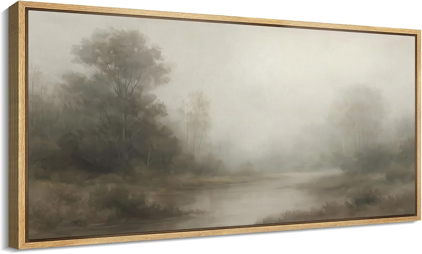 MUDECOR Extra Larg Framed Canvas Print Wall Art Misty Forest River Landscape Neutral Tones Nature Illustrations Decorative Colorful for Bedroom - 60"x30"