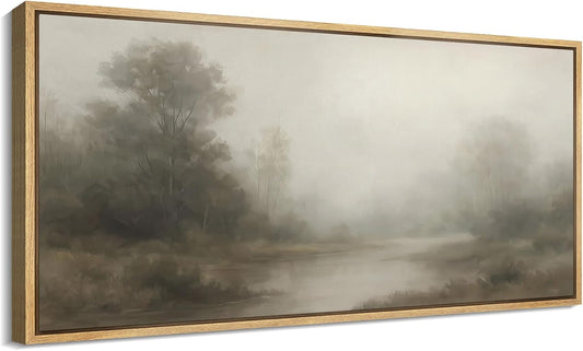 MUDECOR Extra Larg Framed Canvas Print Wall Art Misty Forest River Landscape Neutral Tones Nature Illustrations Decorative Colorful for Bedroom - 60"x30"