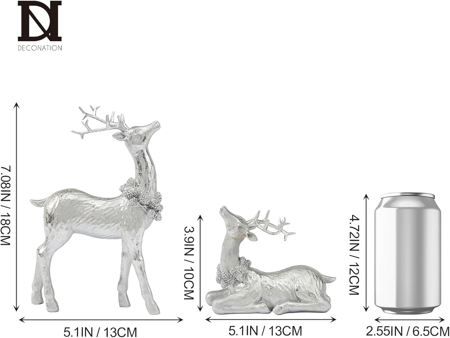 DN DECONATION Christmas Reindeer Figurines, Winter Deer Small Statues Decor, Silver Decorative Reindeer Sculptures, Resin Xmas Holiday Home Décor Accents for Office Living Room & Bedroom 2PCS