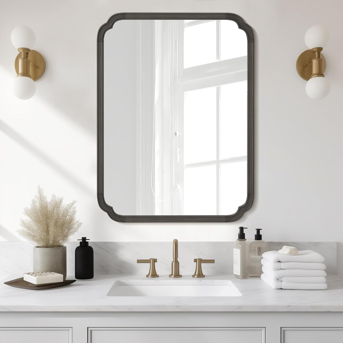 WallBeyond 30" x 40" Rounded Corner Arch Wall Mirror with Wood Frame for Entryway, Living Room or Bedroom Home Decor - Light Woodgrain [30 x 40 inches, Black]