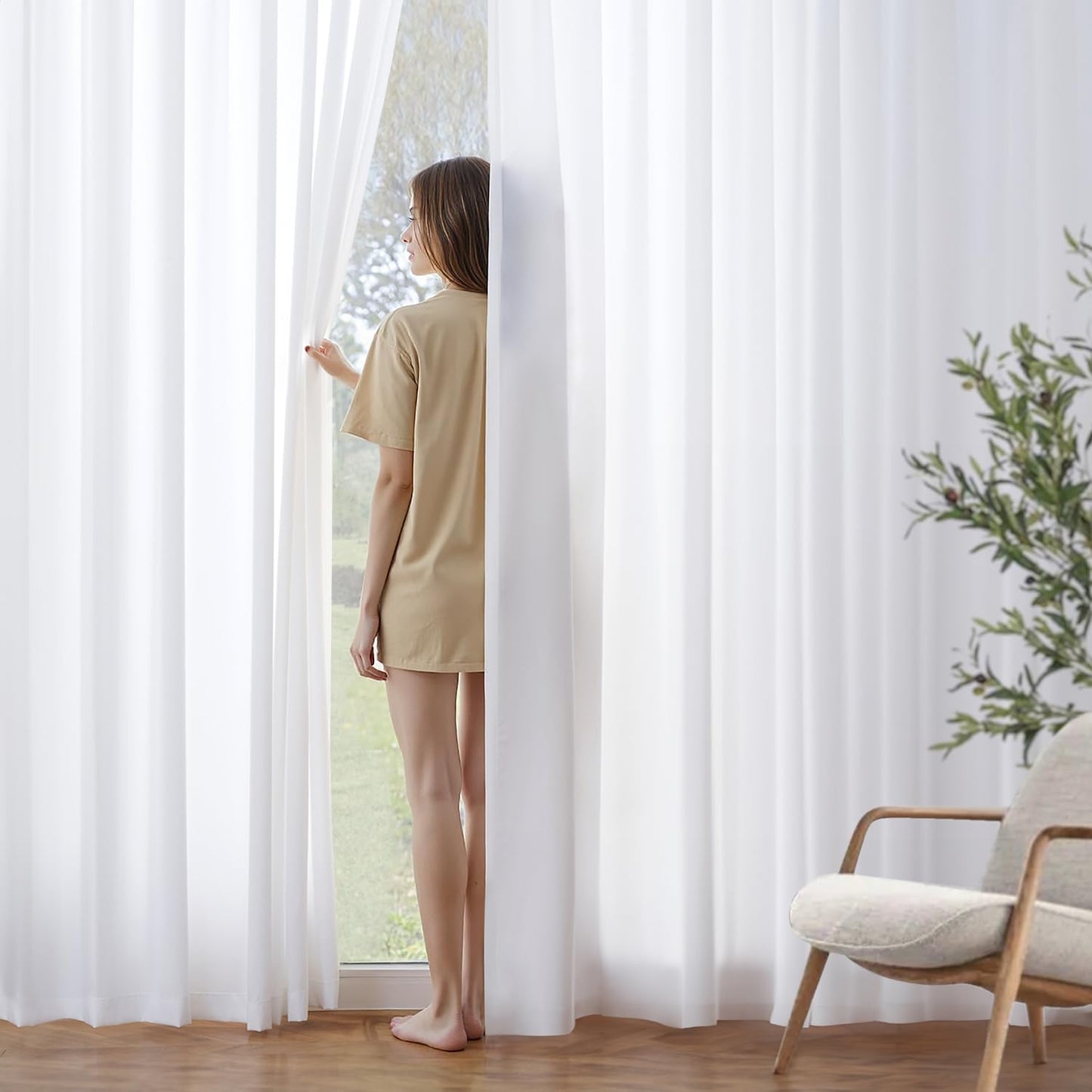 MIULEE White Privacy Sheer Curtains That Let Light in 63 Inches Long Non-See-Through Semi Sheer Curtain Light Filtering Window Curtains Drapes for Living Room Bedroom 2 Panels Set 42 X 63