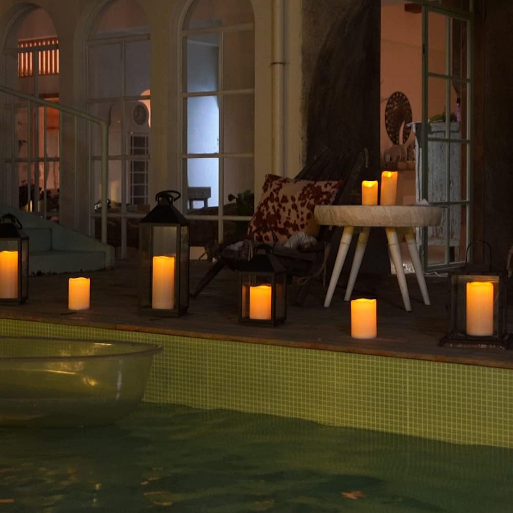 Homemory 4" x 6" Large Waterproof Outdoor Flameless Candles, Battery Operated Flickering LED Pillar Candles with Remote and Timers for Indoor Outdoor Lanterns, Long Lasting, Dark Ivory, Set of 4