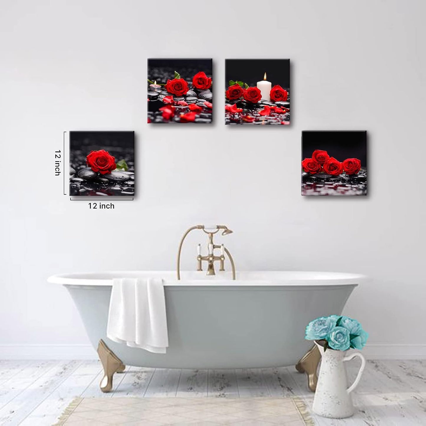 Yxbhhym-Zen Bathroom Wall Art Rose Picture Black and Red Wall Decor Flower Canvas Prints Meditation Poster Framed Wall Art for Living Room Bedroom Accessories Room Décor Spa Stone Decorations