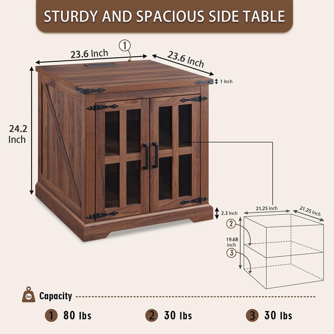 Farmhouse End Table with Charging Station,24" Large Sofa Side Table with Glass Barn Door, Rustic Wood Nightstand Bedside Table with Adjustable Storage Shelf for Living Room, Bedroom, Walnut