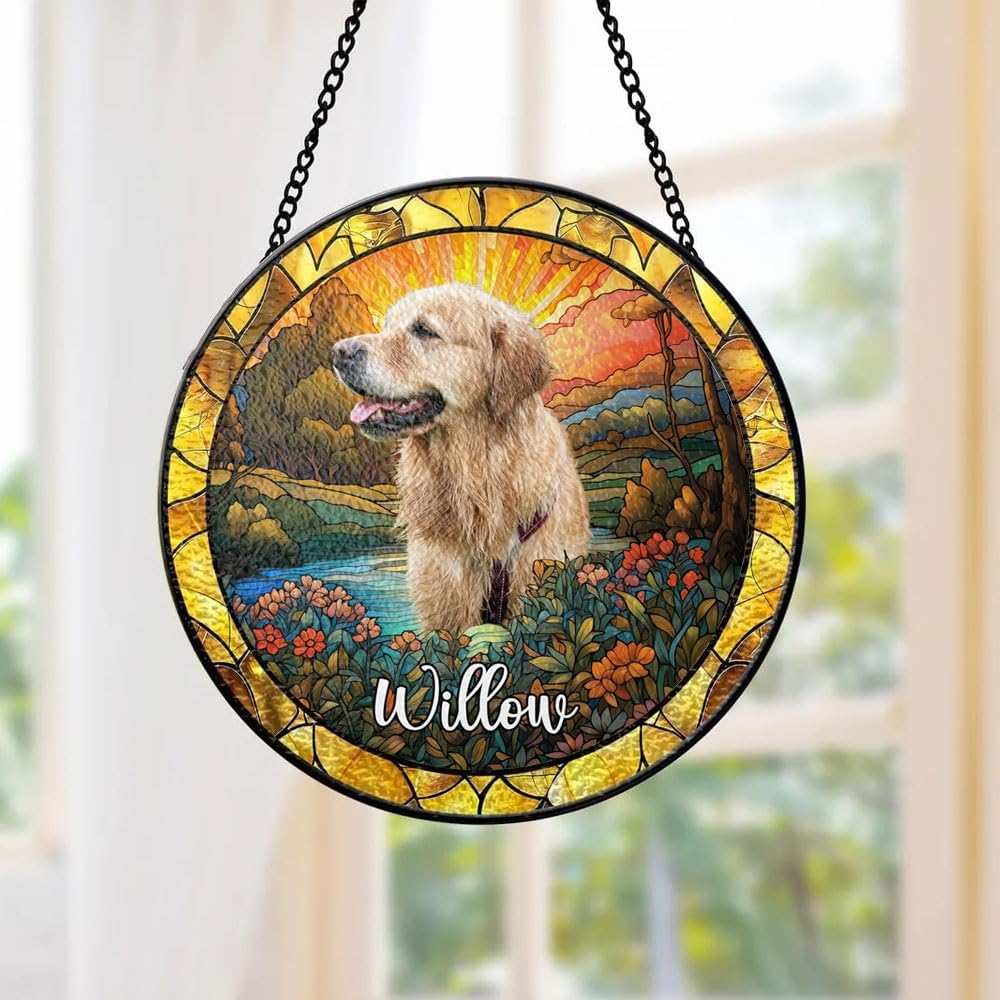 Personalized Stained Glass Suncatcher with Dog Portrait & Name, Custom Window Hanging, Pet Loss Memorial Gift, Dog Lover Keepsake, Unique Decorative Home Decor for Pet Parents