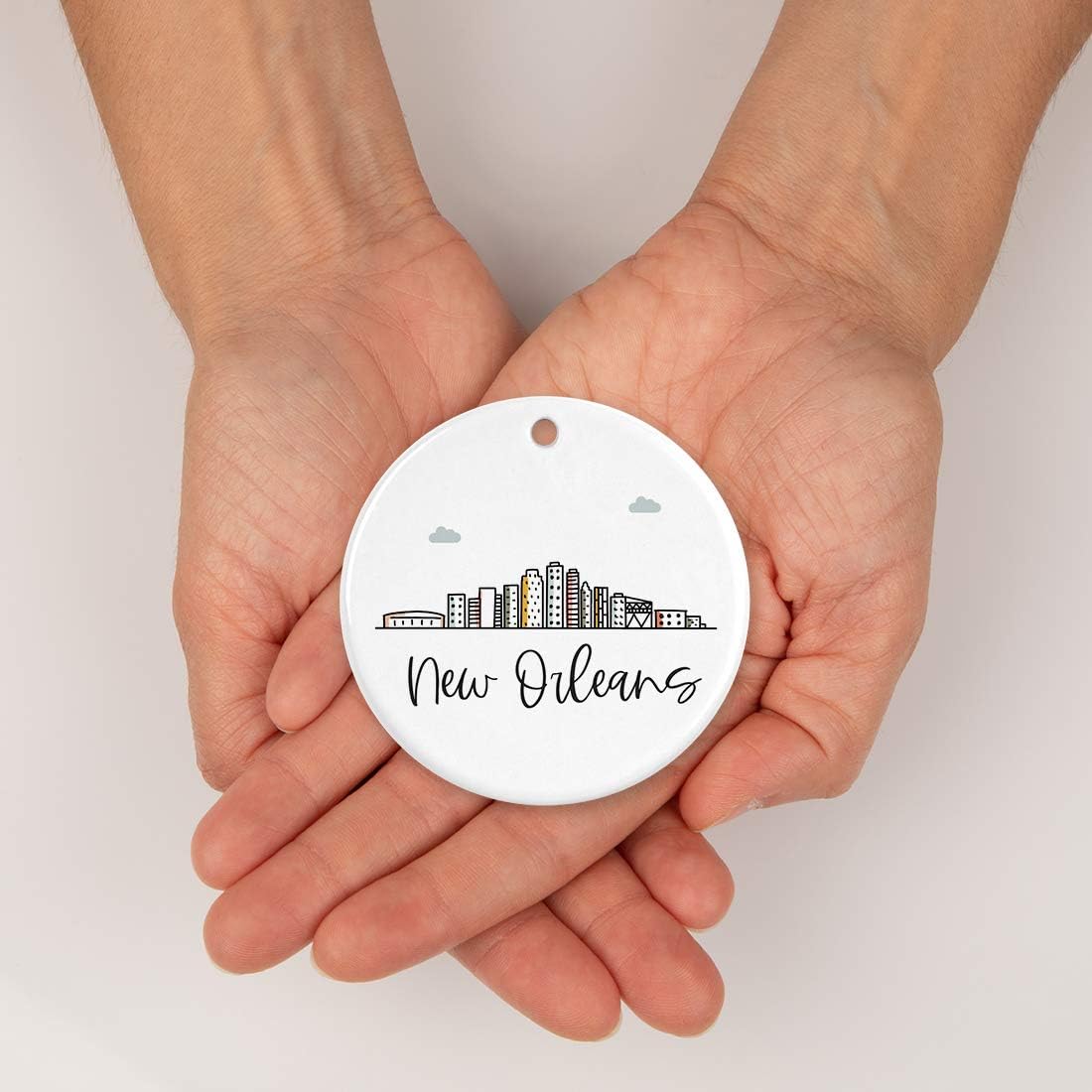 Andaz Press Round Ceramic Porcelain Christmas Tree Ornament Keepsake Gift, New Orleans, Colorful City Skyline Graphic, 1-Pack, Birthday Ideas Family Coworker Him Her, Includes Gift Box