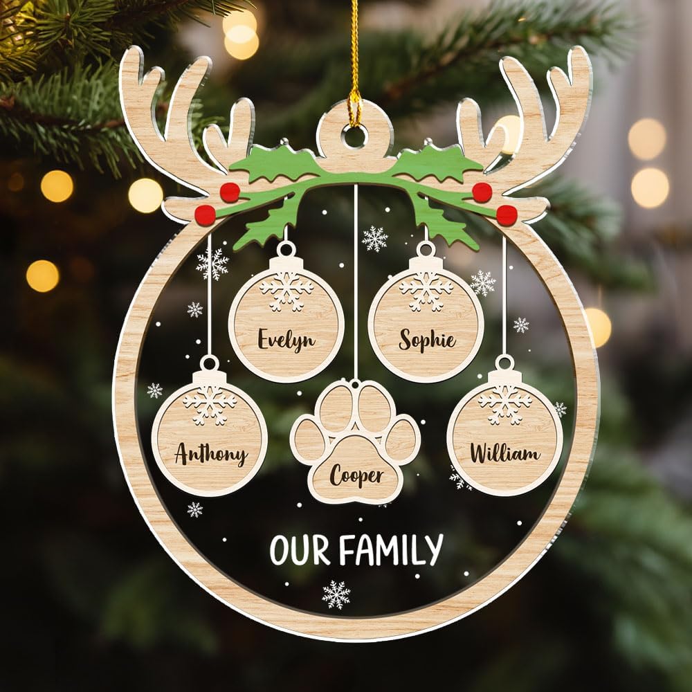Personalized Family Christmas Acrylic Ornament 2024 - Custom Name Charms Family Members up to 10 People and Pets, Paw Charm Ornament Gifts for Family Tree Decoration (A01, 9 Names)