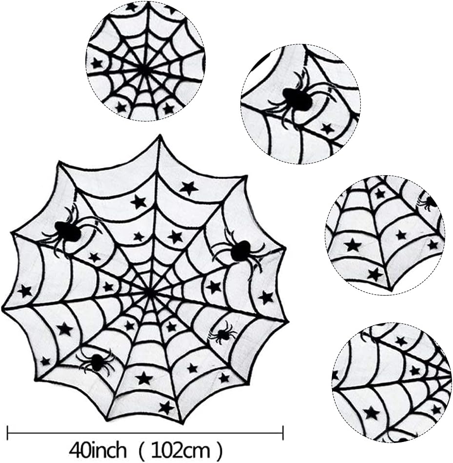 Hommtina 4 Pack Halloween Decorations Tablecloth Runner Black Lace Round Spider Cobweb Table Cover Fireplace Mantel Scarf Spiderweb with 60 Pcs 3D PVC Scary Black Bat Sticker Halloween Party Supplies