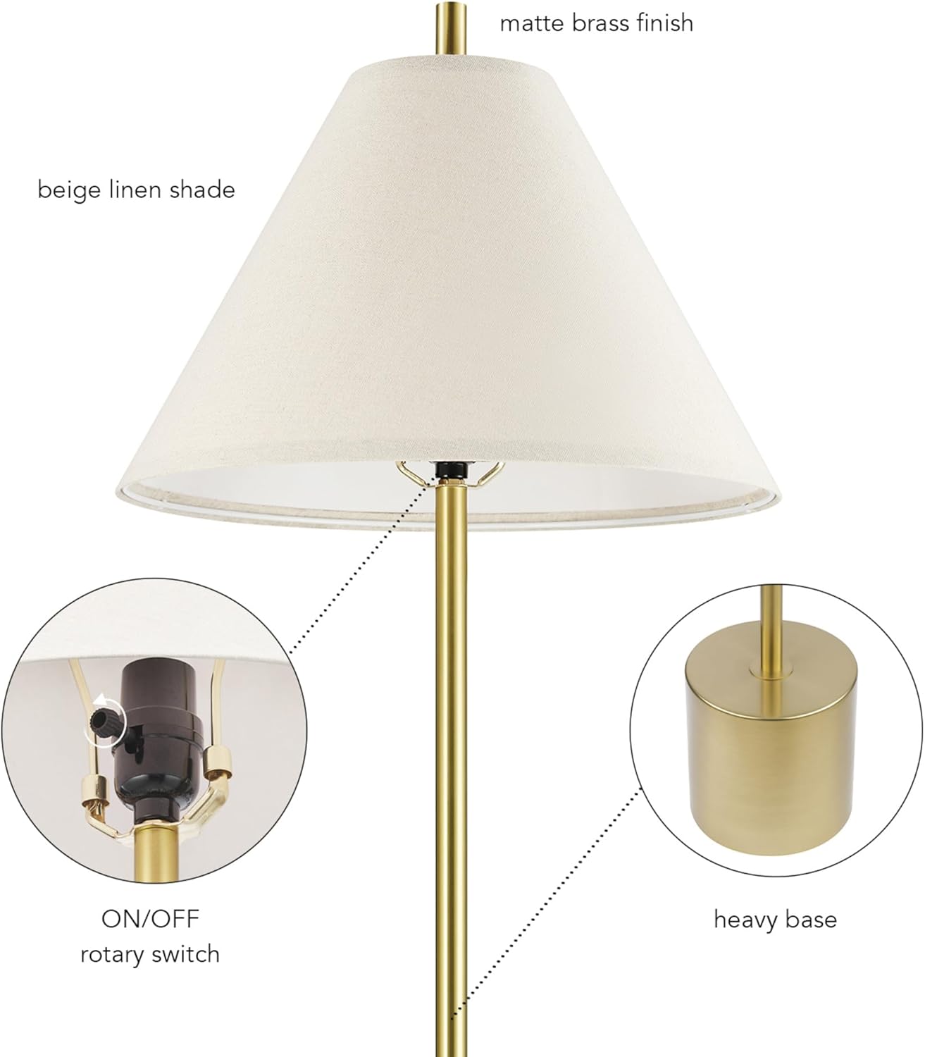 GLOBE Electric 61000060 60" Floor Lamp, Matte Brass Finish, Beige Linen Shade, Heavy Weighted Base, Rotary Switch on Shade, Modern Standing Light for Living Room, Home Office Accessories