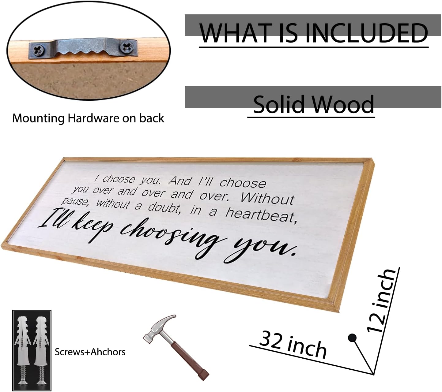 I Choose You Sign Wall Decor Art Above Bed 32X12 Inch I Love You Romantic Wood Framed for Master Bedroom Over Bed I'll Keep Choosing You Sign (Wood)