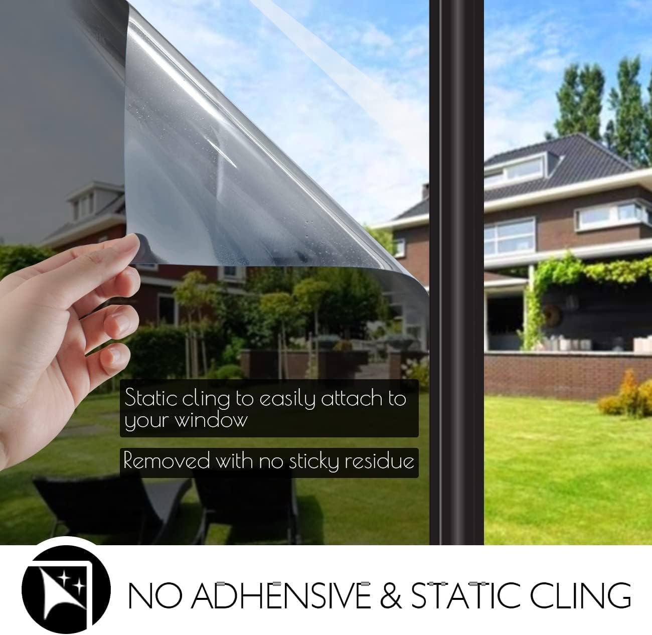 HIDBEA One Way Privacy Window Film, Daytime Mirror Reflective Heat Control UV Sun Blocking Non-Adhesive Static Cling Window Tint for Home and Office(Black-Silver, 41.3 Inch x 6.5 Feet)