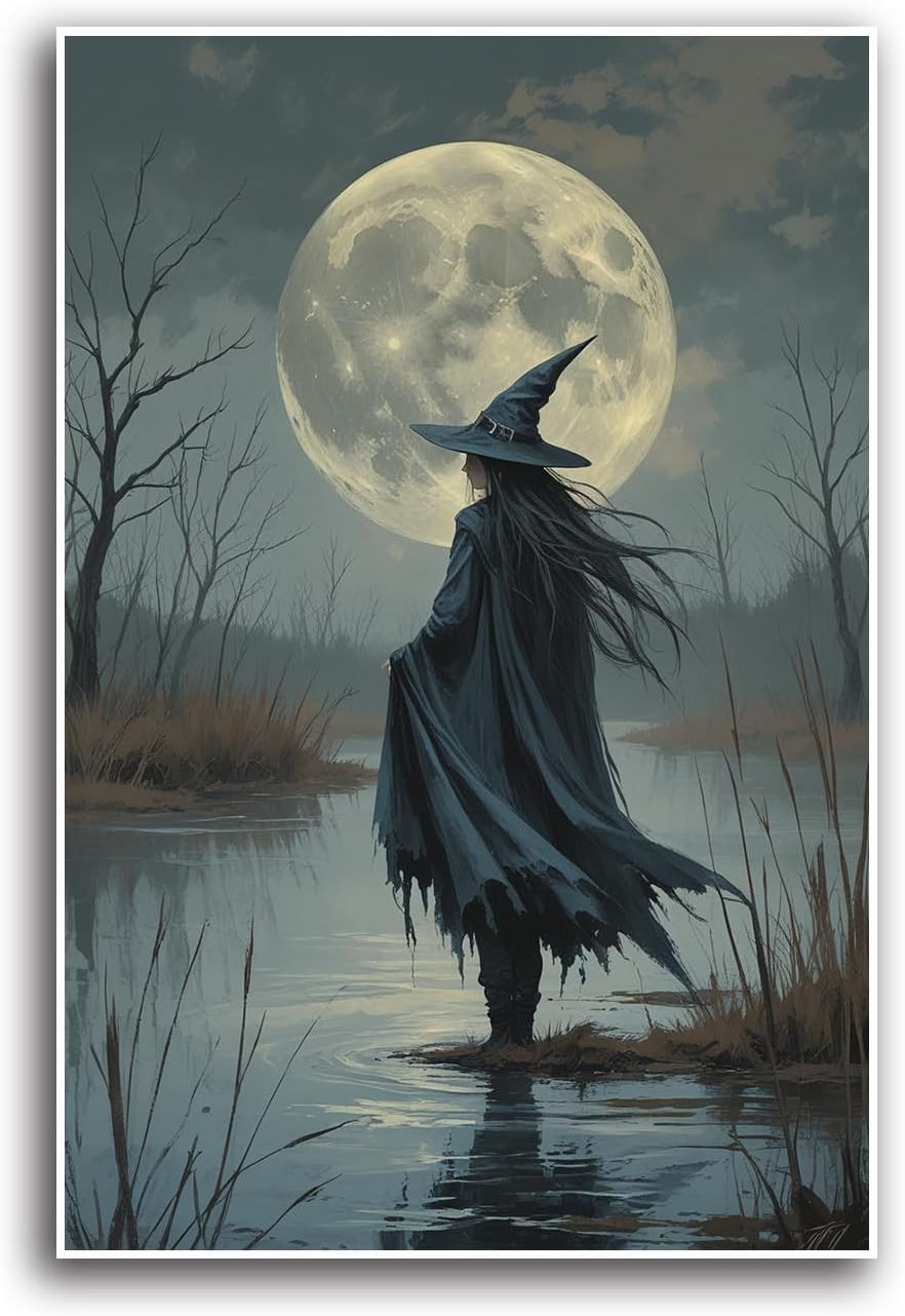 JFHCQJPK Witch in the moonlight magic canvas wall art enchanting Halloween home decor swamp witch silhouette oil painting mysterious gothic aesthetic wall decor print poster28x40in Frameless