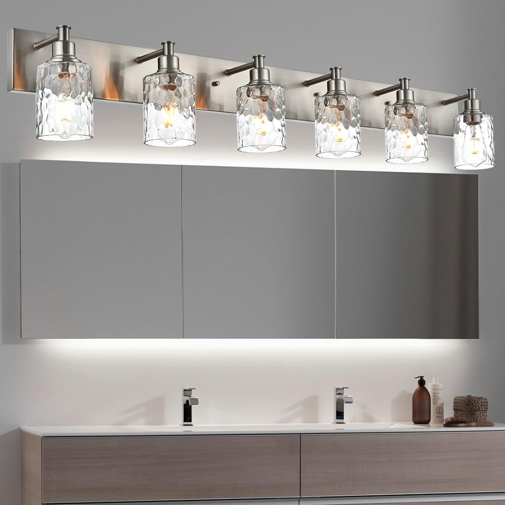 BONLICHT Vanity Light Fixture Brushed Nickel 6-Light Modern Farmhouse Wall Sconce Bathroom Lighting with Hammered Glass Industrial Wall Mount Lights for Kitchen Dining Room Cabinet Corridor