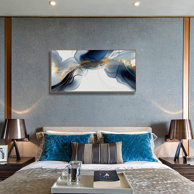 HUADAOART Wall Art Canvas Painting Abstract Wall Art Modern Art Wall Mural for Living Room Bedroom Print on Artwork Home Decor Framed 24x48inch (Blue)