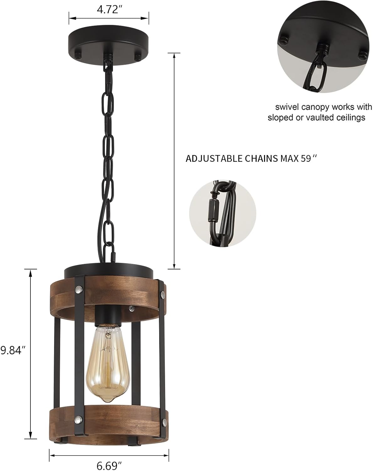 Rustic Farmhouse Wood Pendant Light Fixture One-Light Adjustable Chain Oak Wood and Metal Lantern Drum Small Pendant Lighting for Kitchen Island Sink Hallway Farmhouse Bathroom Bar, Black
