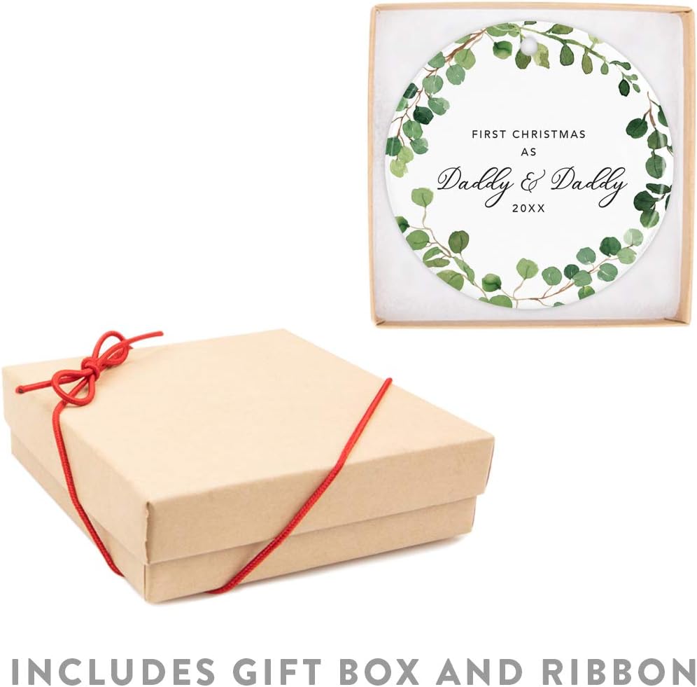 Andaz Press Custom Year Round Ceramic Porcelain Christmas Tree Ornament Keepsake Collectible Gift, First Christmas as Daddy & Daddy 2025, Farmhouse Eucalyptus Wreath, 1-PackGay Couple