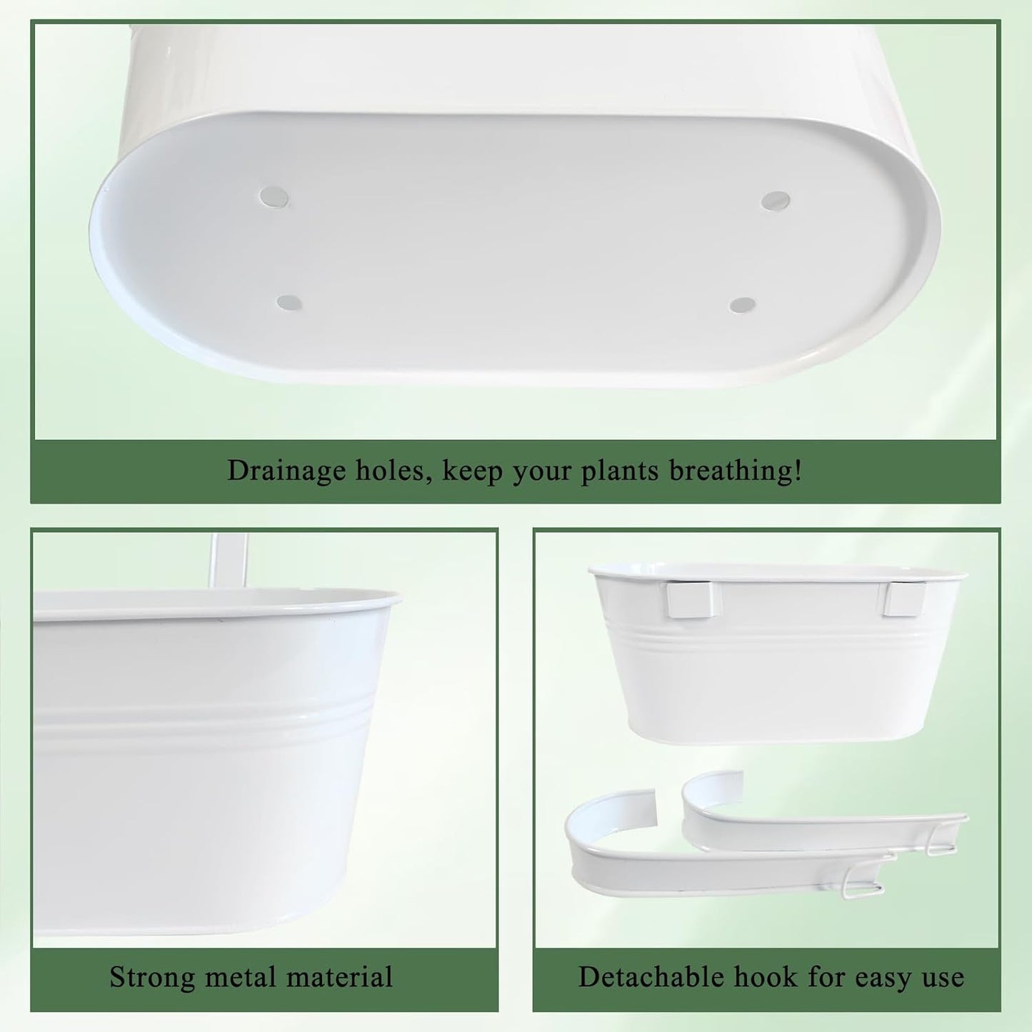 10" Hanging Flower Pots, Pack of 8 White Metal Outdoor Patio Balcony Planter, Railing Planters Fence Pot with Detachable Hook & Drainage Hole for Small Plants (White, 8Pcs)