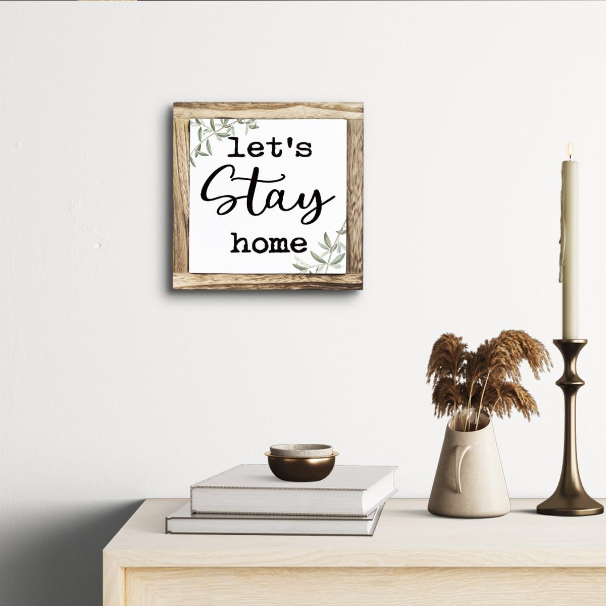 Rustic Wooden “Let’s Stay Home” Sign – Wooden Plaques Sign Table Decor, Shelf or Desk Decor, Farmhouse Living Room and Family Room Decoration, Cozy Home Accent and Housewarming Gift
