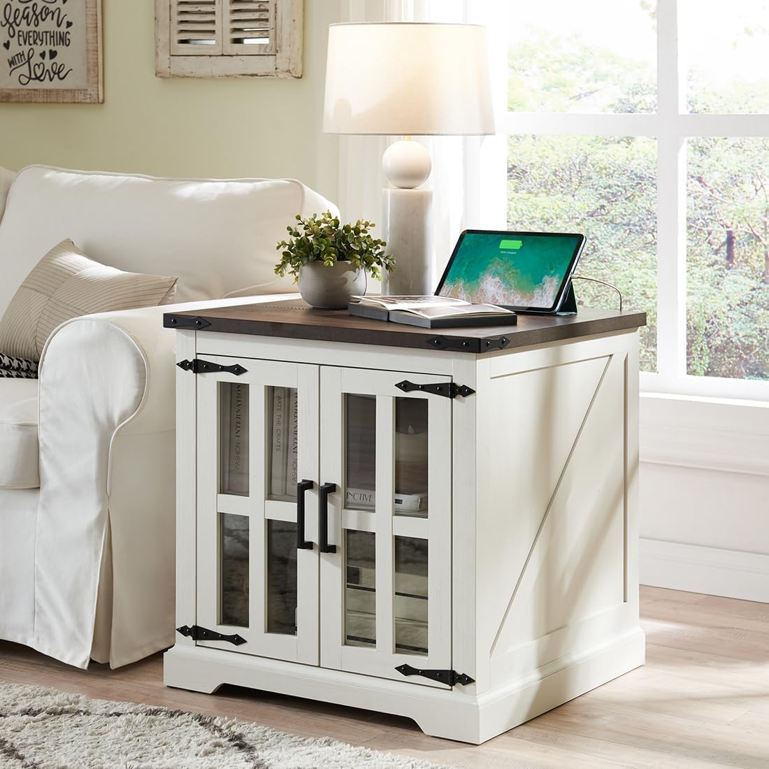 Farmhouse End Table with Charging Station,24" Large Sofa Side Table with Glass Barn Door, Rustic Wood Nightstand Bedside Table with Adjustable Storage Shelf for Living Room, Bedroom,White