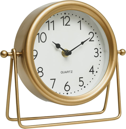 Vintage Golden Table Clock - Elegant Battery Operated Office, Living Room, and Bedroom Clock with Minimalist Design Gold Table Decor 22x19.5x5.5cm