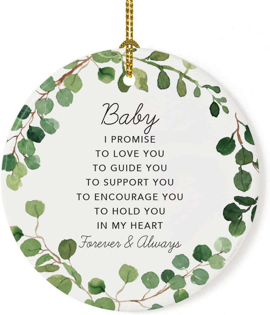 Andaz Press Round Ceramic Porcelain Christmas Tree Ornament Gift, Baby I Promise to Love You, Farmhouse Eucalyptus Wreath, 1-PackGirl's Grandchild Niece Birthday Ideas
