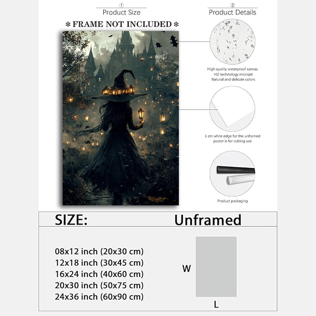 Halloween Witch and Haunted House Canvas Wall Art,Dark Academia Scary Witch Castle Posters Prints,Thriller Horror Gothic Wall Decor Pictures for Halloween Party House Decoration,20"x30" Unframed