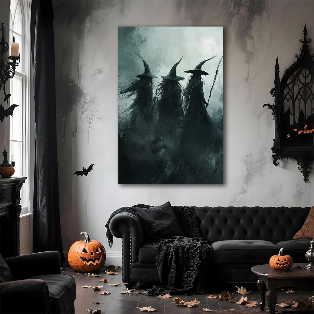 Gothic Witchs Horror Halloween Wall Art,Three Witches in Moody Forest Painting Wall Decor,Autumn Spooky Witches Forest Canvas Printing For Gallery Living Room Bedroom,20"x30" Framed