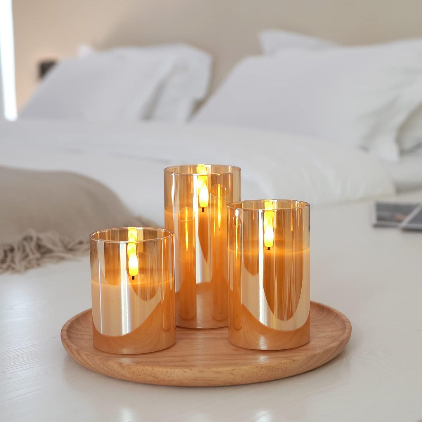 Amagic Gold Glass Flameless Candles Battery Operated with Timer, Remote Control, Flickering LED Fake Pillar Candles for Fall Decoration, Christmas Thanksgiving Decor, Amber, Set of 3