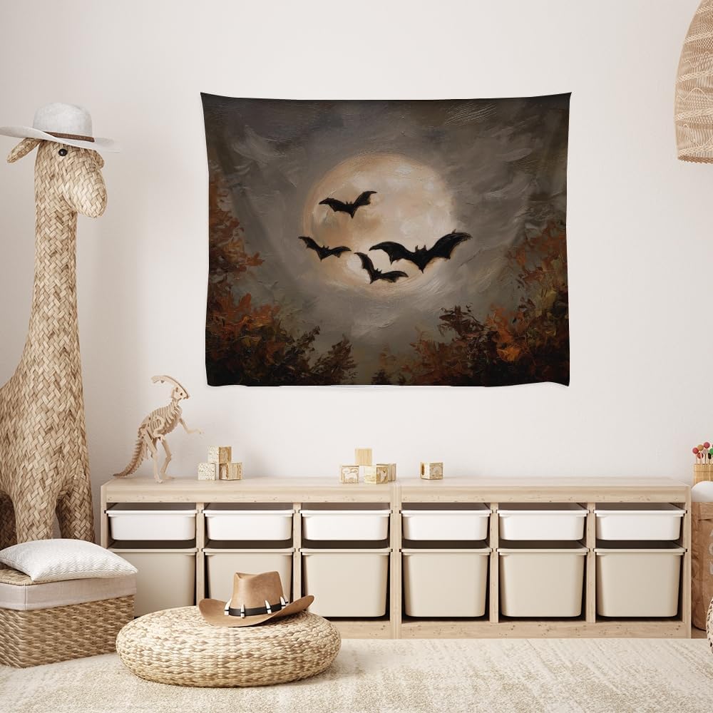 Spooky Halloween Bats Dark Academia Full Moon Autumn Leaves Wall Hanging Vintage Haunted Home Artwork Gothic Witchy Ghost Tapestries for bedroom Living Room Decor 50x60inch